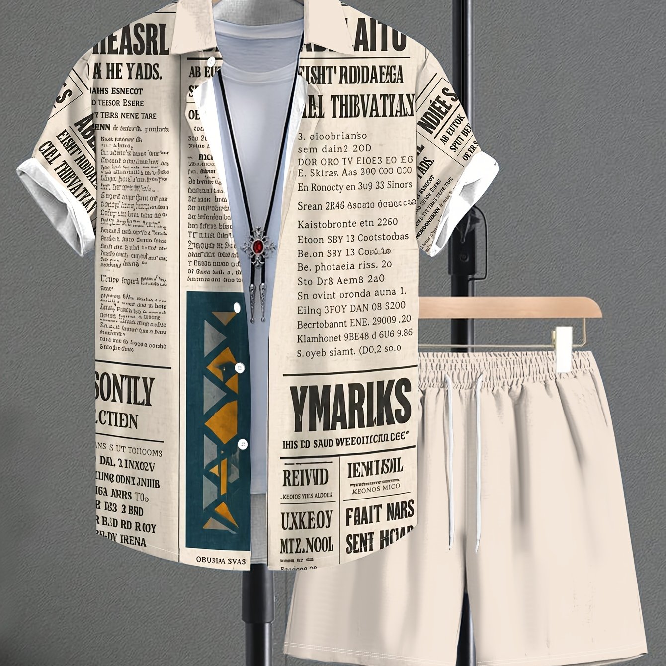 TEMU Men's Summer Casual Print Short Sleeve Shirt And Drawstring Shorts 2pcs Set, Casual Print Fashion Versatile Outfit Shirt Short Shorts