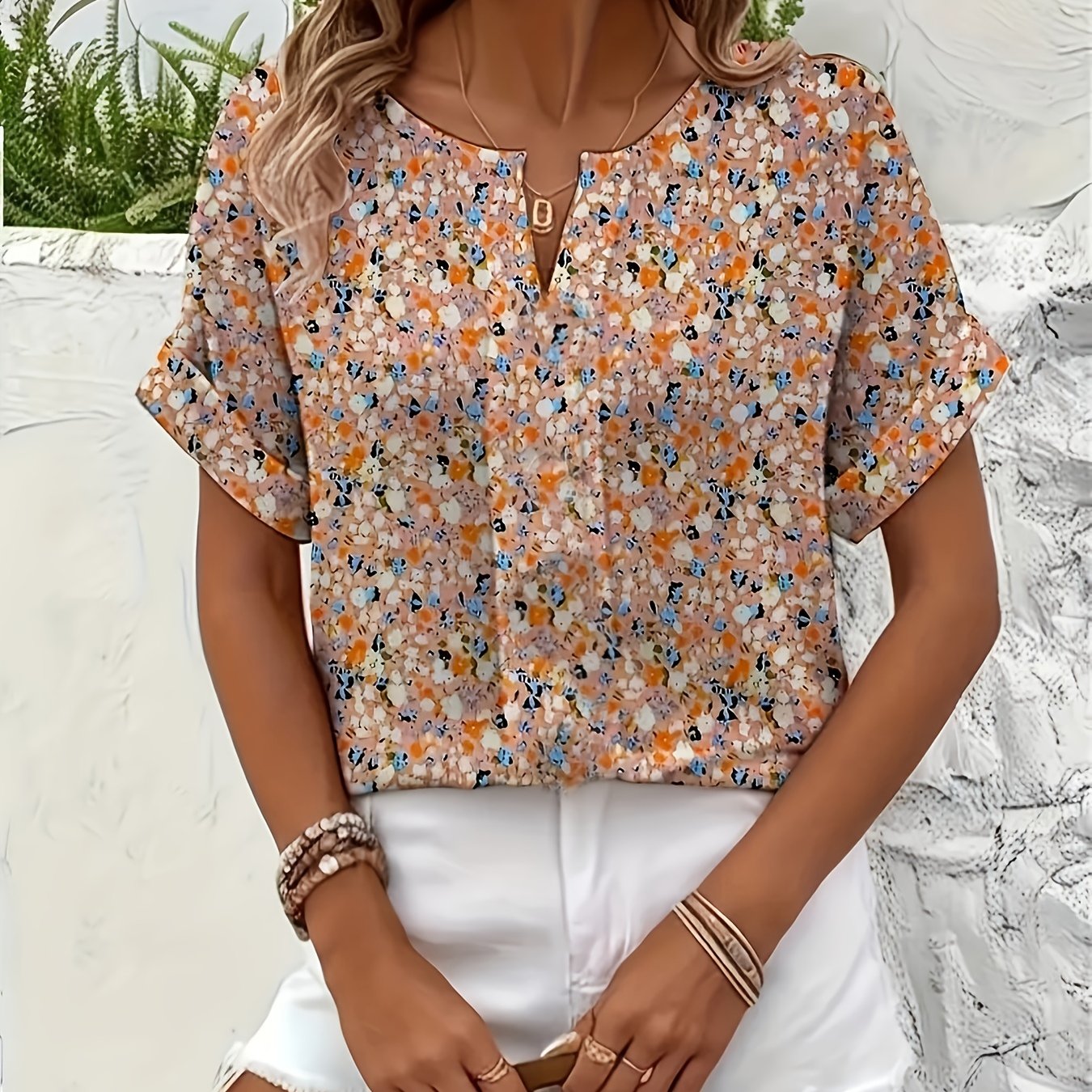 E-shop Damen Bluse mit V-Ausschnitt und kurzen Ärmeln, kleines Blumenmuster, lässiges Frühlings- und Sommeroberteil, maschinenwaschbar