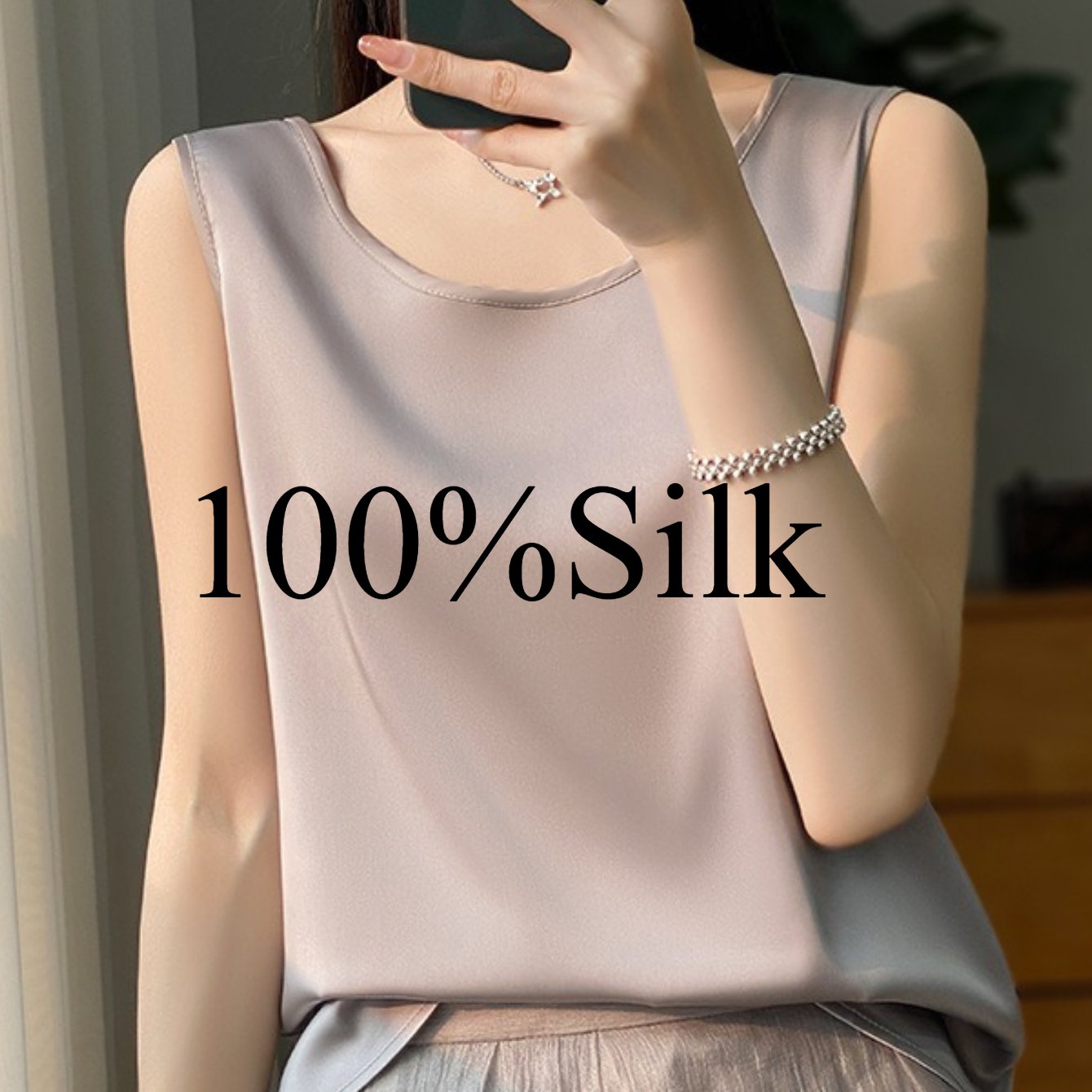 TEMU Women's Satin Camisole Sleeveless Round Neck Elegant Style Solid Color Non-stretch Suitable For Layering And Autumn Casual And Formal Wear Hand
