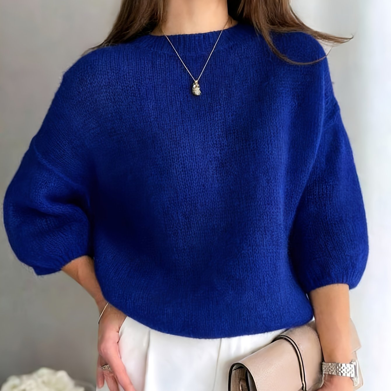 TEMU Solid Color Minimalist -eighth Sleeve Loose Round Neck Soft Sweater Women's Pullover Top