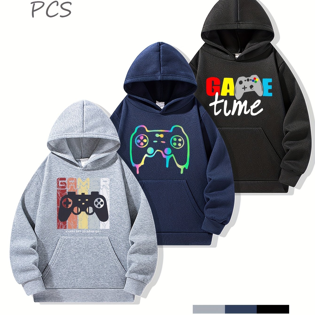 Image of 3pcs Boys' Fashion Gamer Game Console Print Hoodies, Autumn/winter Comfortable Fleece Pullover Sweatshirt Set For Casual And Sports Wear