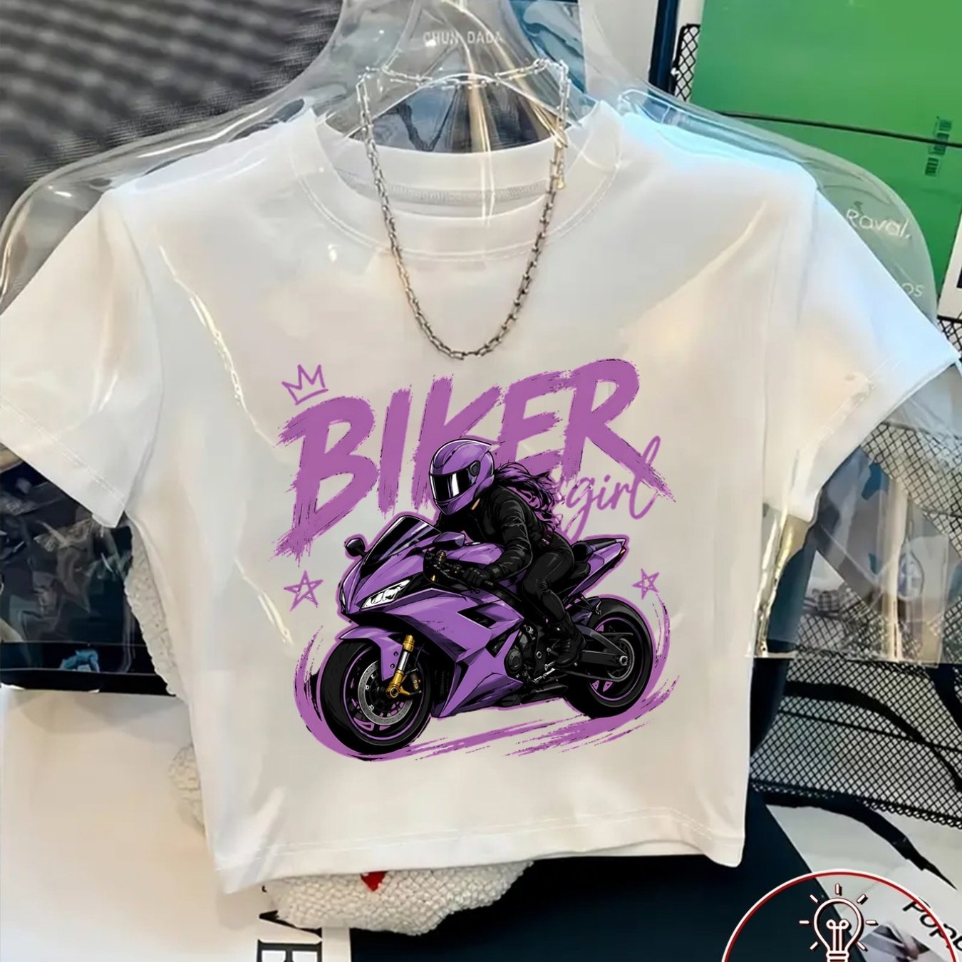 TEMU Women's Y2k Motorcycle Rider T-shirt - Purple Short Crop Top With Female Motorcyclist Print, Round Neck Casual Tee, Machine Washable Spring