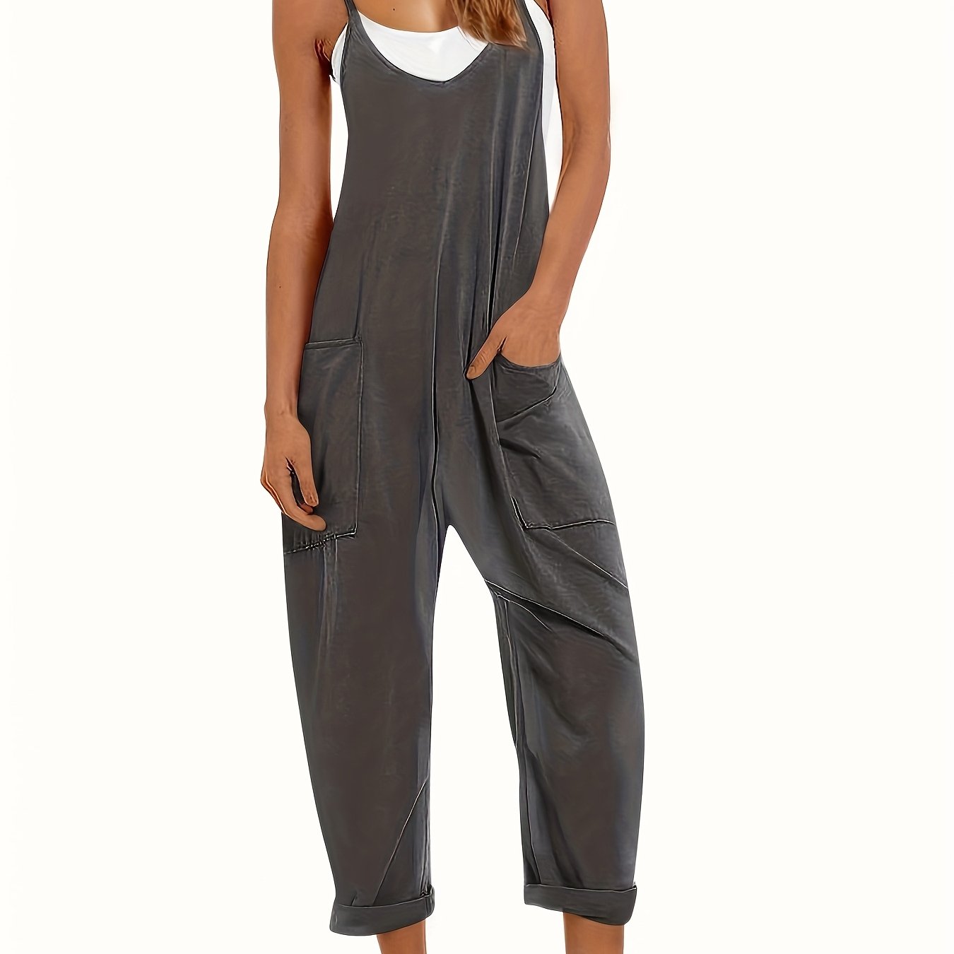 Image of Casual Sleeveless Jumpsuits For Women, Featuring A V-neck And Spaghetti Straps, With Long Baggy Pants And Pockets, Perfect For Summer