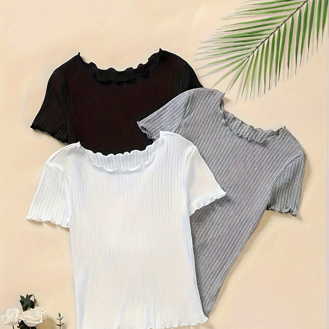 TEMU Summer New Ribbed Fashion Women's Short Sleeve T-shirt 3pcs Set