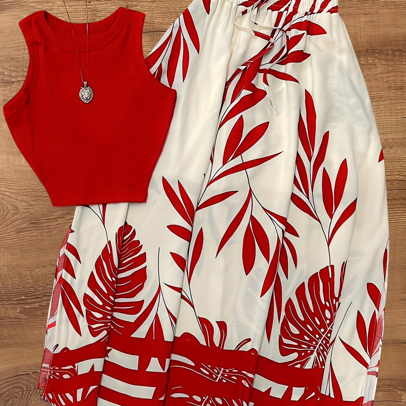 TEMU 2pcs Set Summer Women's Casual Vacation Tropical Print Half Skirt And Solid Sleeveless Top M11