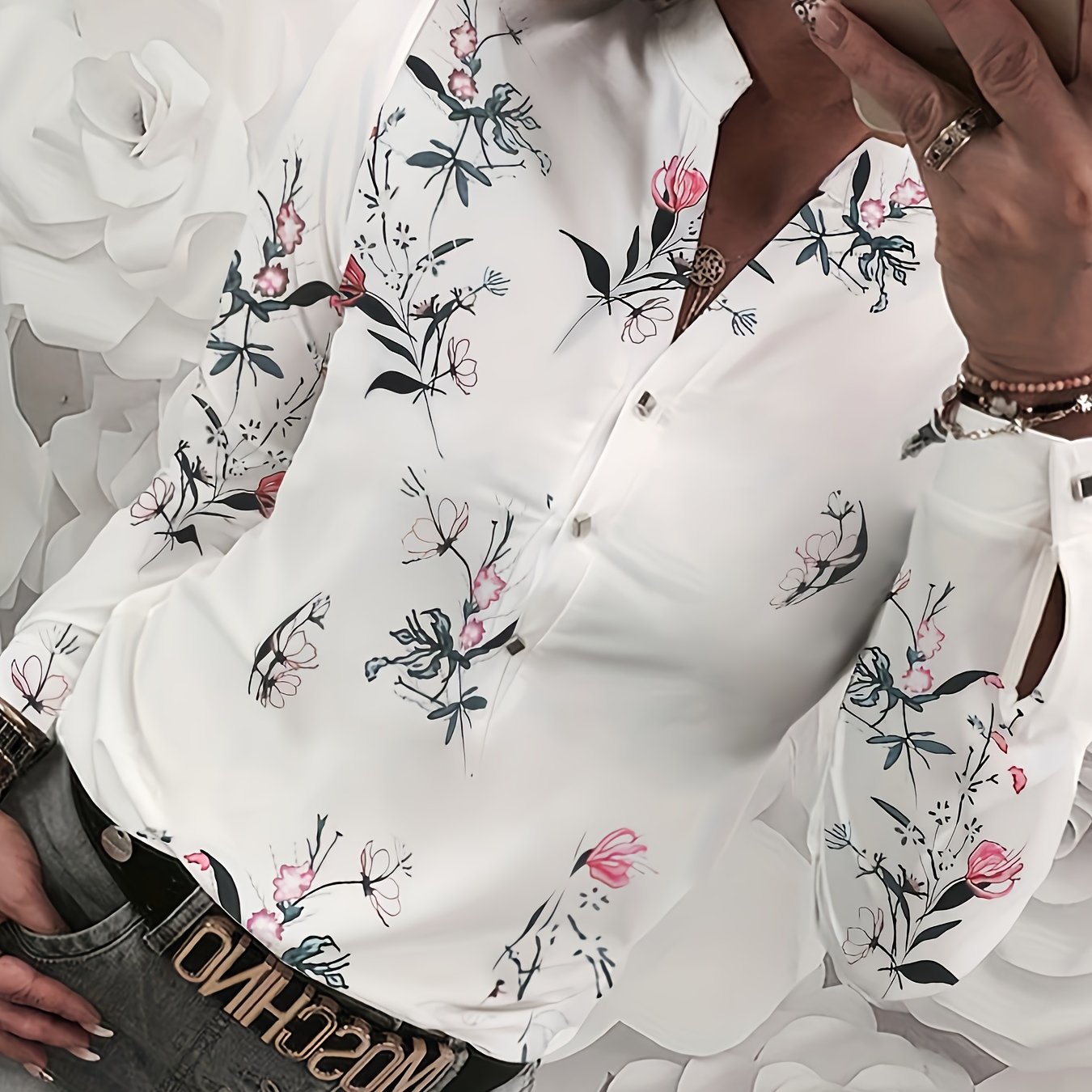 Women's Floral Print Long Sleeve Blouse - Elegant Stand Collar, Polyester, Machine Washable, Ideal For Spring/fall Fashion, Floral Print Blouse