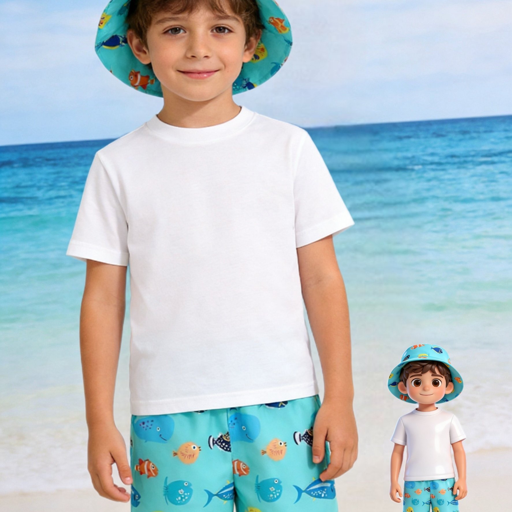 Image of Boys' Beach Shorts With Matching Hat - Cute Cartoon Fish Print, 95% Polyester 5% Spandex, Elastic Waistband & Loose Fit For , Beach Parties, Pool Play (ages 3+)