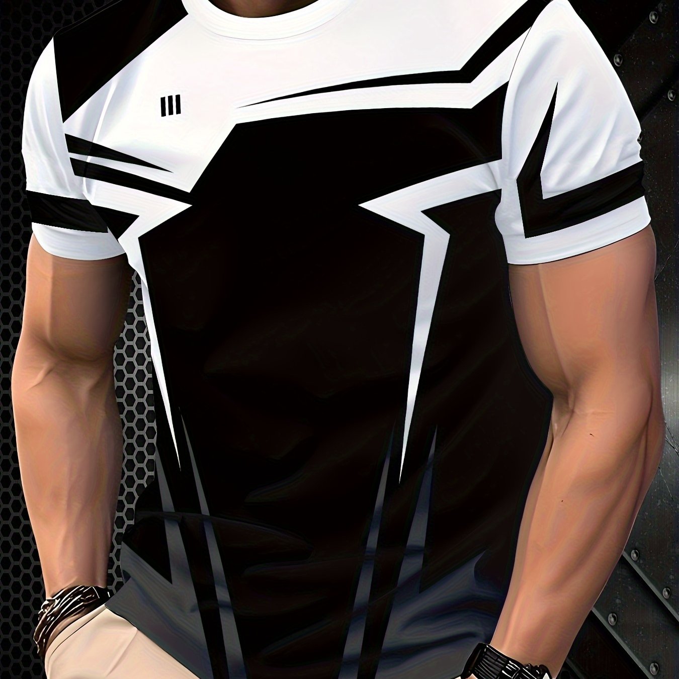 TEMU Chemise Homme Patchwork Géométrique - Design Contrast , 100% Polyester Respirant, Coupe Regular, T-Shirt Décontracté pour l'Été, Lavable en