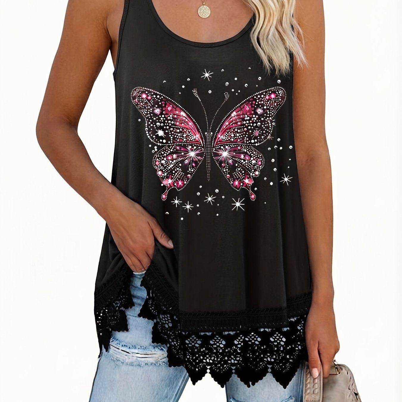 TEMU Plus Size Lace Trim Women's Round Neck Vest, And Flattering, Top