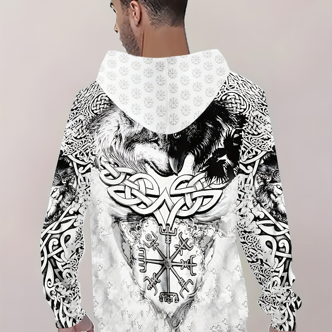 TEMU Men's Gothic Viking Norse & Celtic Knot Print Hooded Sweatshirt- Long Sleeve Casual Pullover With Kangaroo Pocket, , Plus Size, Gothic Clothing,