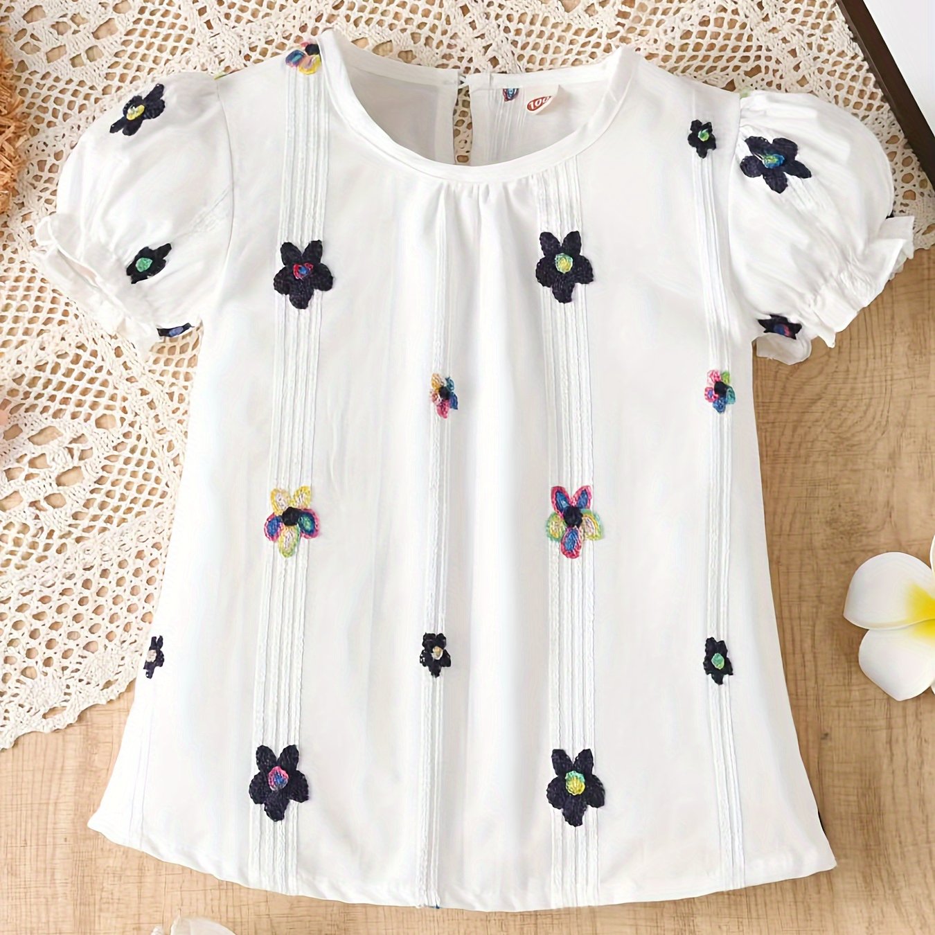 Image of Girls' Summer Short Sleeve Blouse Shirt With Floral Embroidery & Striped Lampshade Sleeves - Loose Fit Round Neck Top, Machine Washable Suitable For Casual Outfits, ,, Casual Attire For
