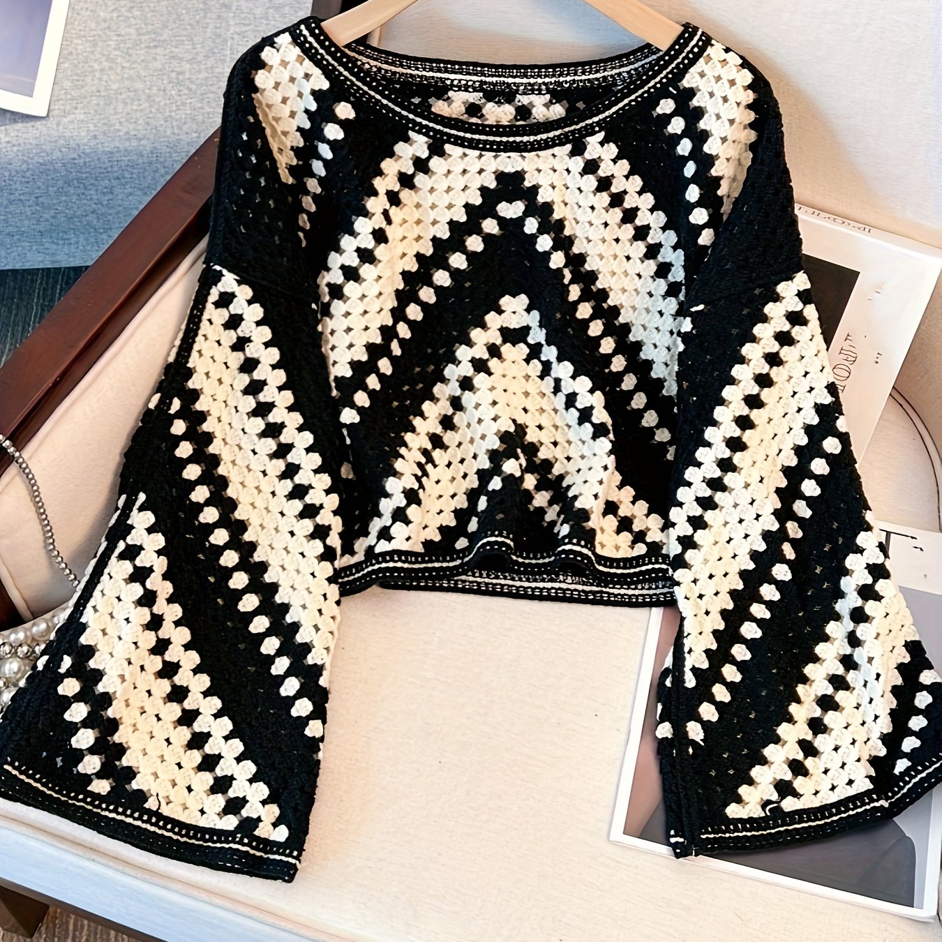 Image of Bohemian Style Crochet Lace Round Neck Black And White Striped Sweater Women's Spring Autumn Long Sleeve Top
