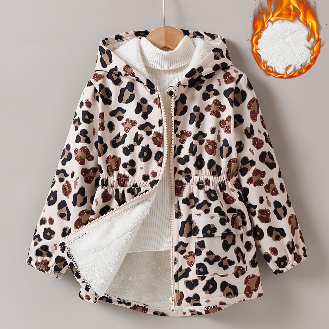 Girls' Fashion Autumn/winter Flannel Printed Leopard Pattern Hooded Zip-up Jacket