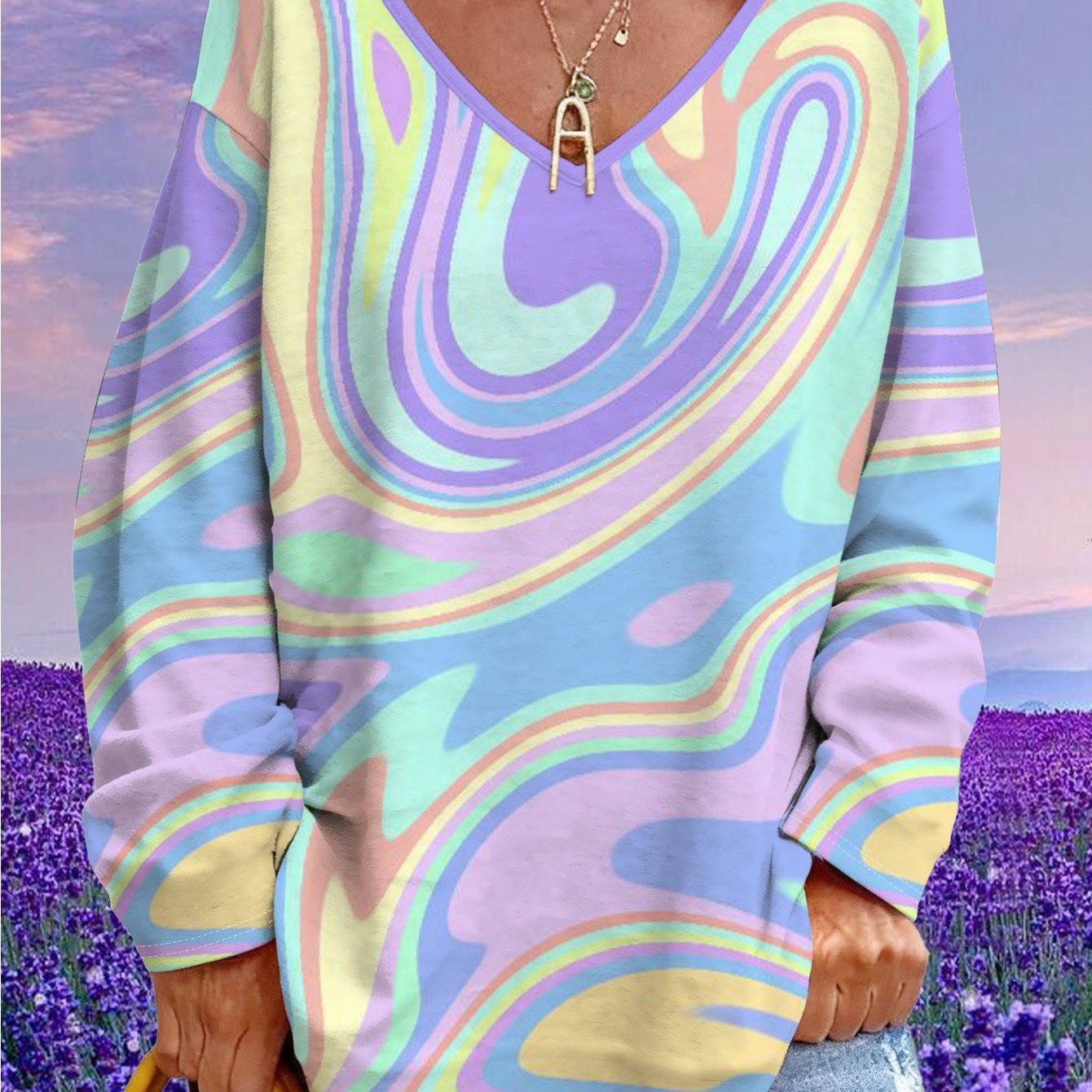TEMU Plus Size, Plus Size Women's Macaron Pattern Loose V-neck Long-sleeve T-shirt Plus Size Ladies Cover- Sweet Vibrant Top