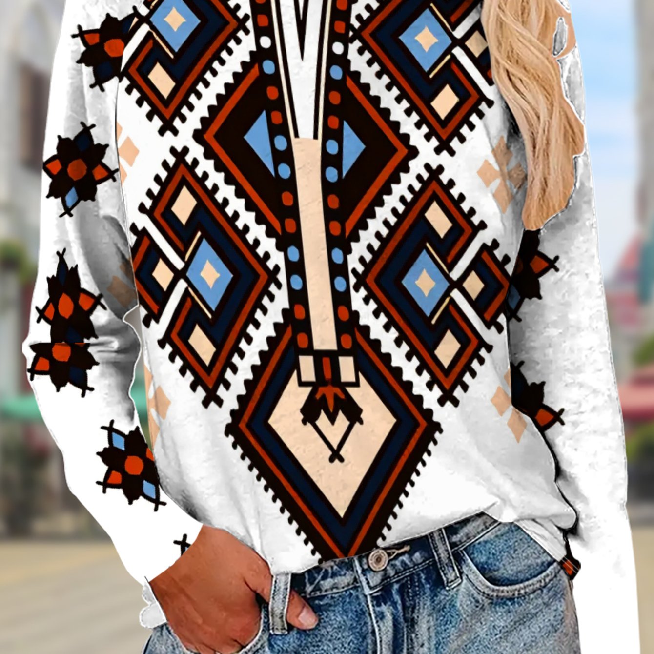 TEMU Women's Long-sleeved T-shirt With Ethnic Geometric Pattern Decoration Design, Comfortable For , Machine Washable, Casual Sports Long-sleeved Top