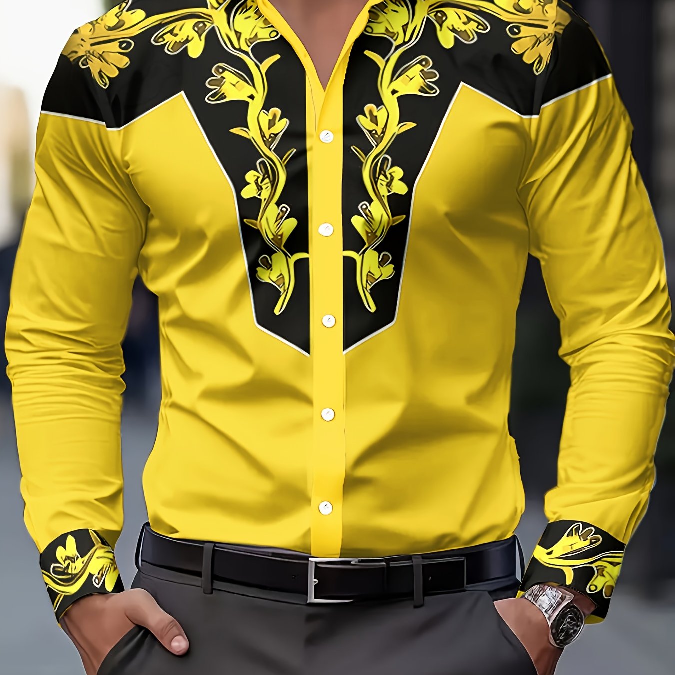 TEMU Men's Casual Floral Print Button- Shirt - Regular Fit Long Sleeve Lapel Collar, Machine Washable Top For Weddings, Parties & Casual , Outfit For