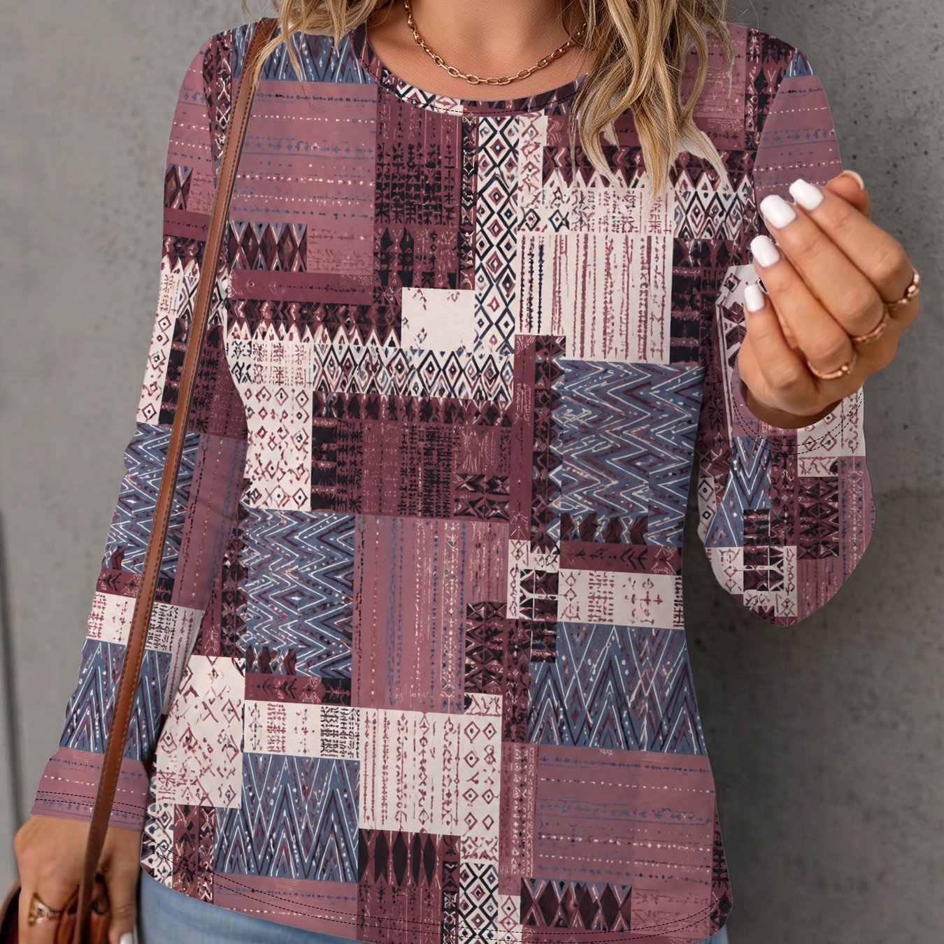 TEMU Women's Round Neck Long Sleeve T-shirt - Abstract Geometric -fit Suitable For , Machine Washable Non- Top, Print Base Layer For Layering, Casual