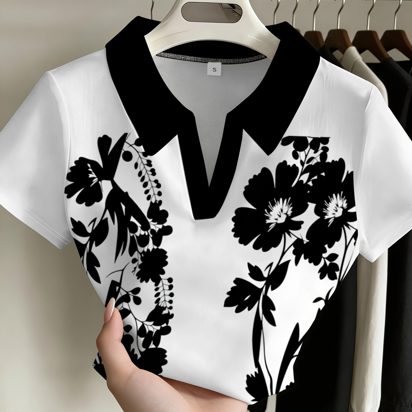 TEMU Black And White Floral Print Women's Short Sleeved Coat Fashion Casual All--neck Design Slim Fit Summer New Women's Fashion Clothing Daily Wear