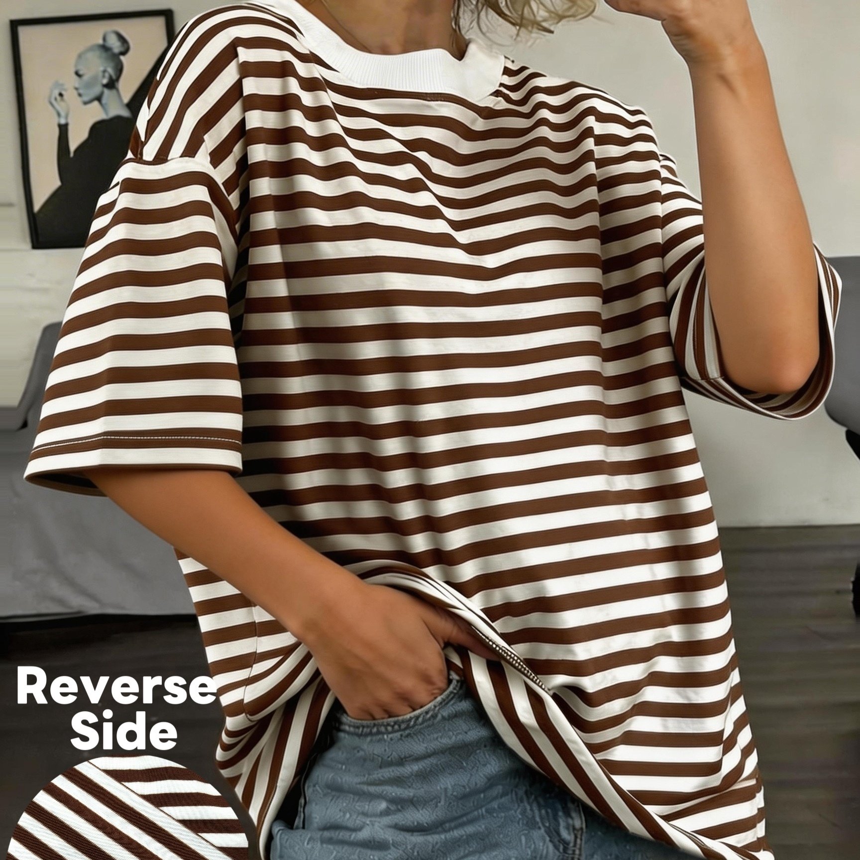 Summer Women's Fashion Striped Ribbed Neckline Loose Half-sleeve Casual T-shirt, Suitable For Leisure, Entertainment, And Commuting. Non-printed Style