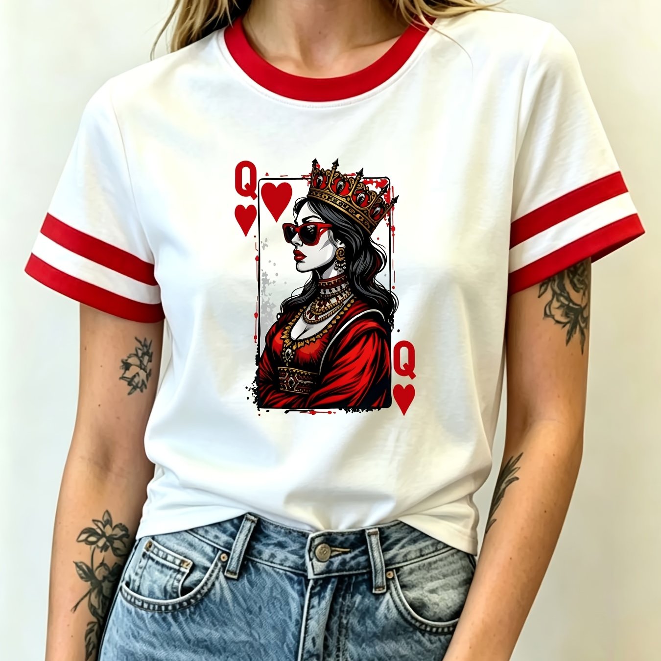 TEMU Women' Of Hearts Playing Card Print - Retro Short Sleeve Shirt With Queen Of Hearts Iconic, Round Neck Machine Washable Top Suitable For Spring
