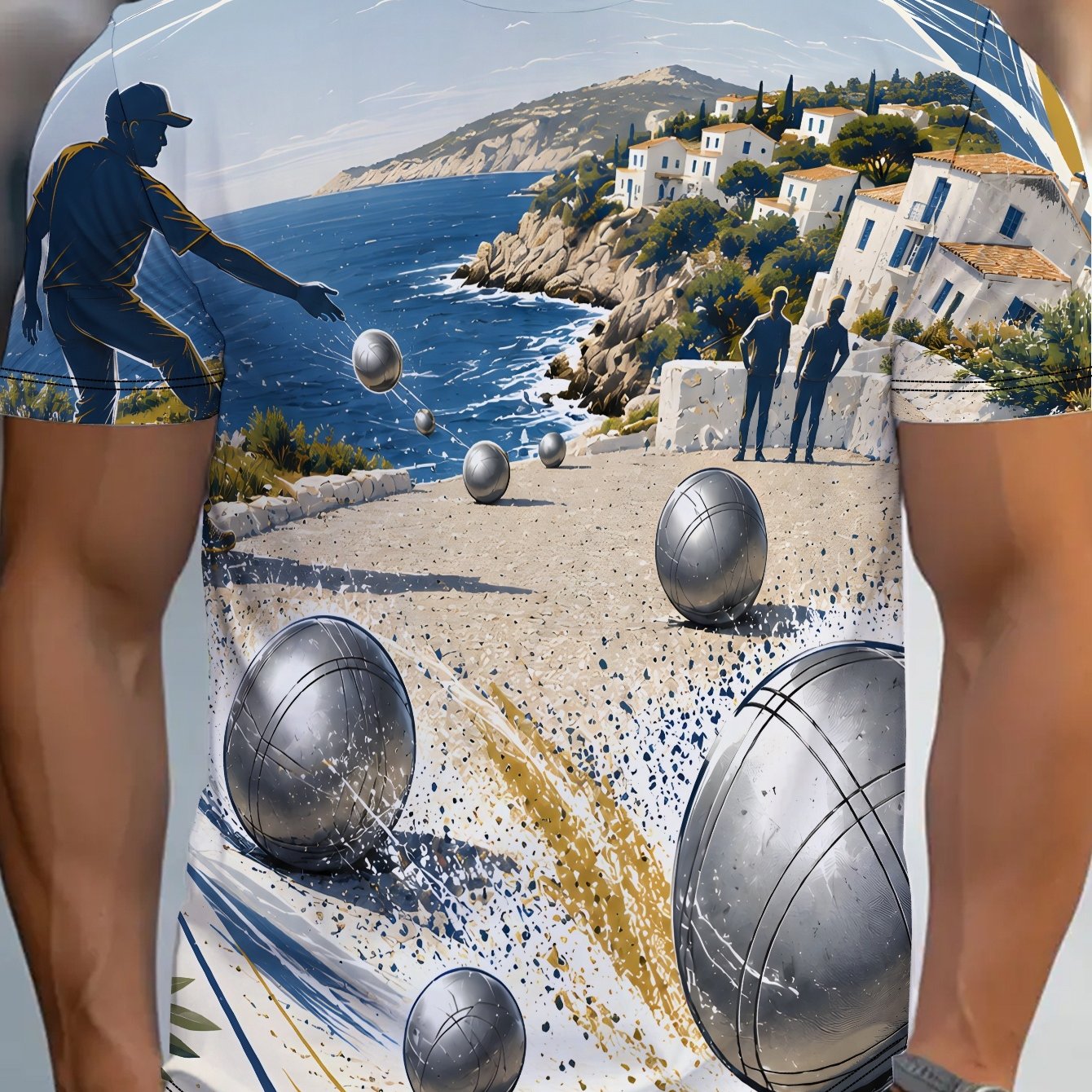TEMU Teediy Men's Mediterranean Petanque T-shirt - Full-body French Boules Print, Round Neck Casual Summer Shirt, Breathable Suitable For Outdoor
