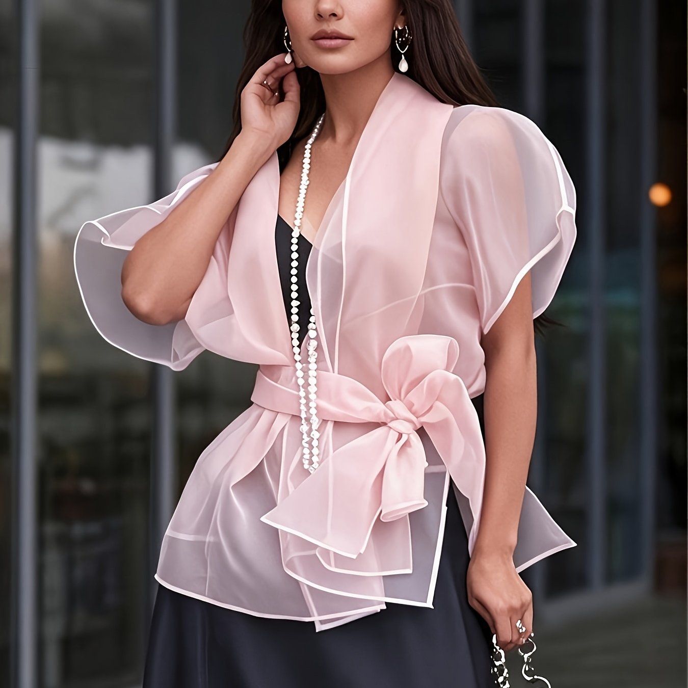 TEMU An Elegant And Casual Party Cardigan Made Of Organza With Slits And Ties, Like A Kimono