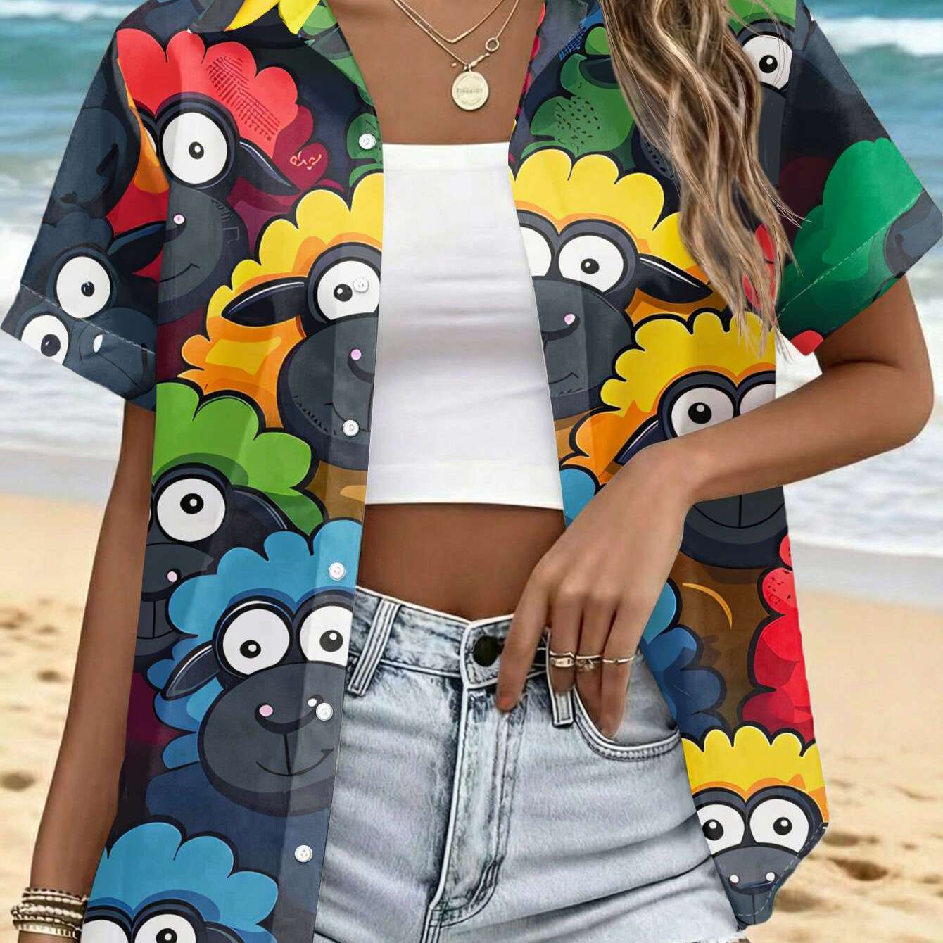 TEMU Nueva camisa de manga corta para mujer con diseño de estampado de de pelo multicolor acurrucadas juntas, top casual versátil para el diario,