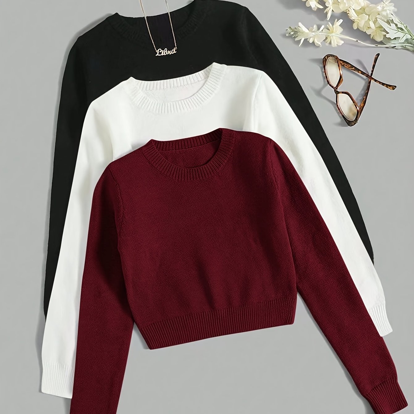 Women' Round Neck Long Sleeve Short Style Casual Sweater 3pcs Set