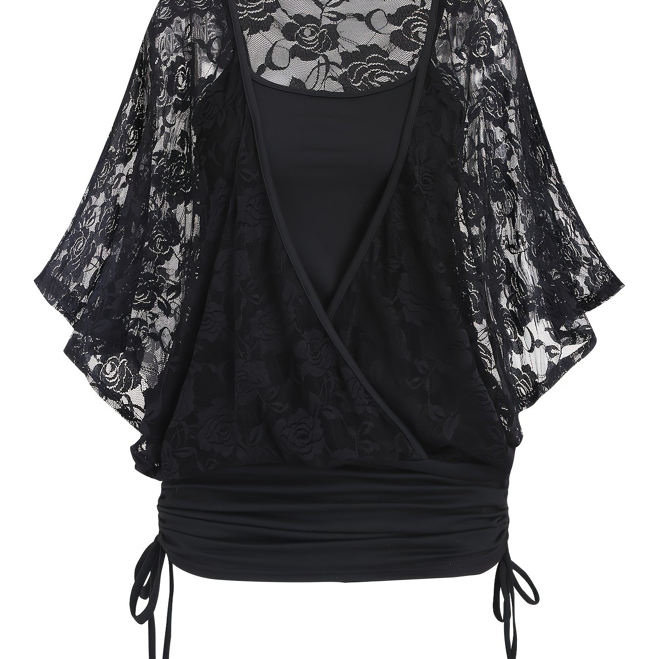 Image of Plus Size, Plus Size Women'-in-one Floral Lace Shirt And Tank Top With Front Cross Hem Drawstring Design And Sleeves Casual Top