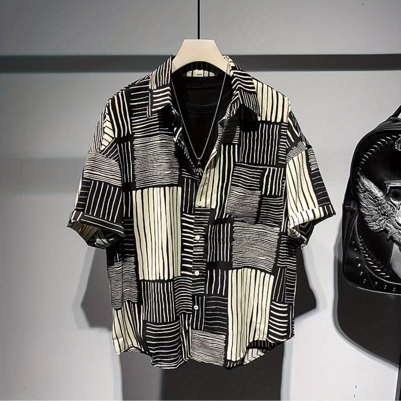 TEMU チェック柄の質感のな花柄シャツメンズ春夏ルーズカジュアル半袖シャツジャケット男性用