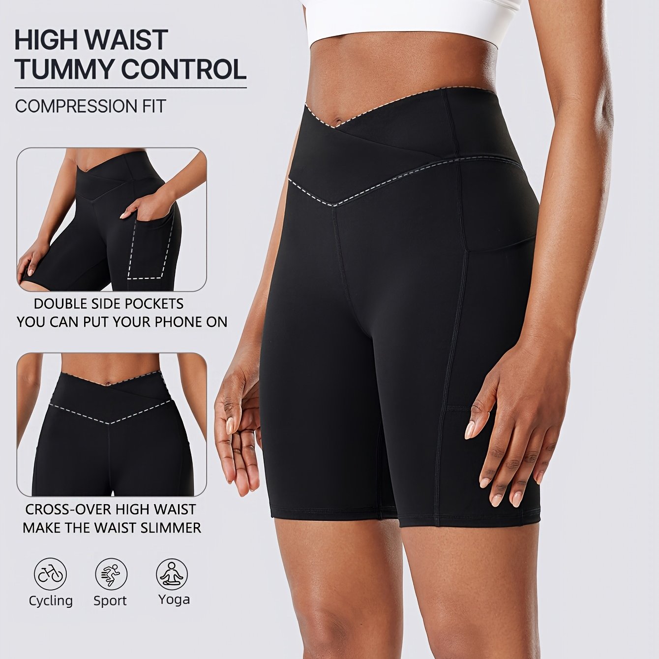 Women's High-waist Tummy Control Sports Shorts With Side Double Pockets, Form-fitting Cycling Shorts, Quick-dry Stretchy Running/pilates/fitness Pants, V-crisscross Waist Five-inch Yoga Pants
