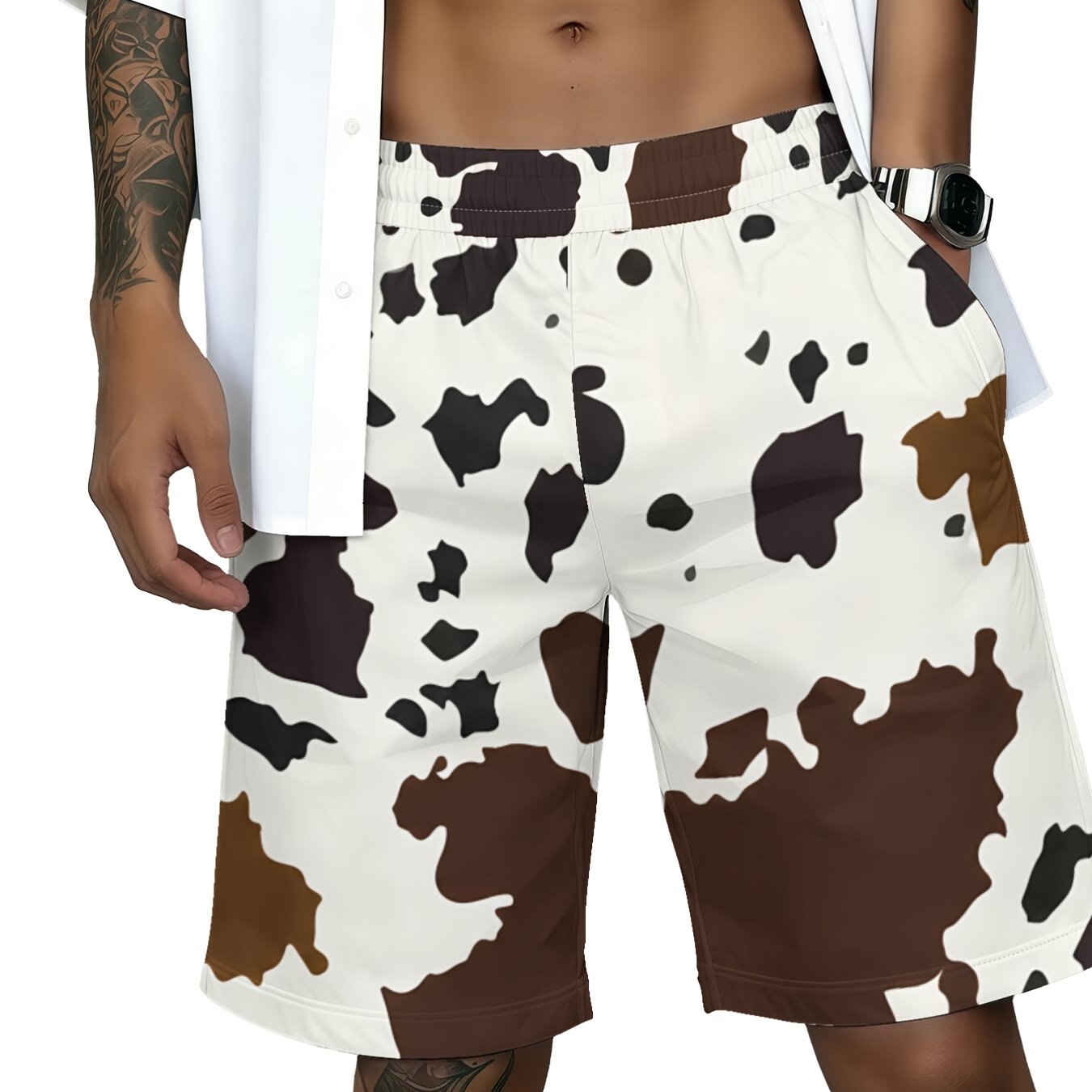 TEMU Brown Print Men's Casual Shorts Feature A Unique Printed Design And Are Made Of Soft, Breathable And Comfortable Sports Fabric. Stylish And