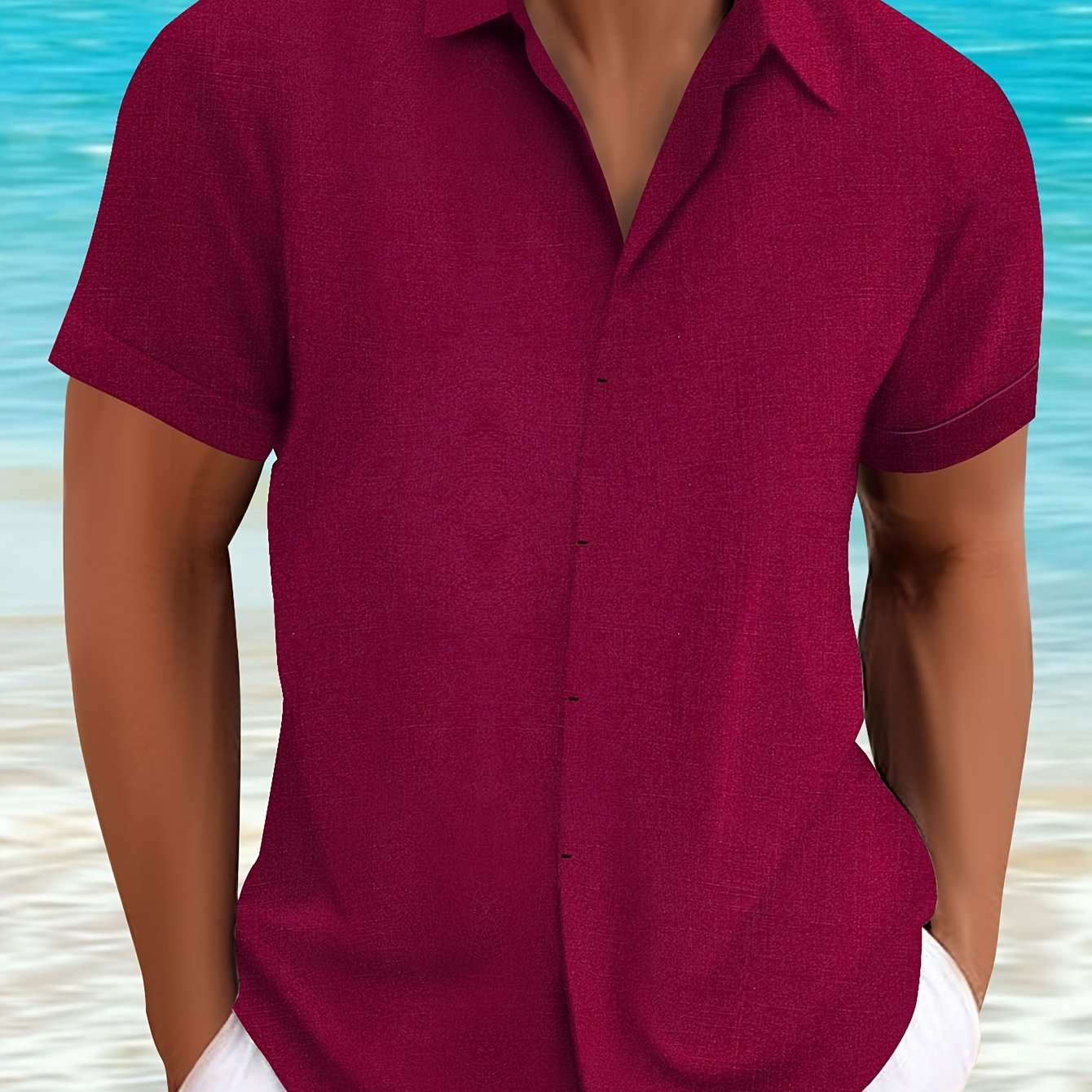 TEMU Men's Wine Red Lapel Beach Summer Button-up Wedding Party Dinner Formal Business Casual Party Shirt Invisible Button Top Casual Short Sleeved