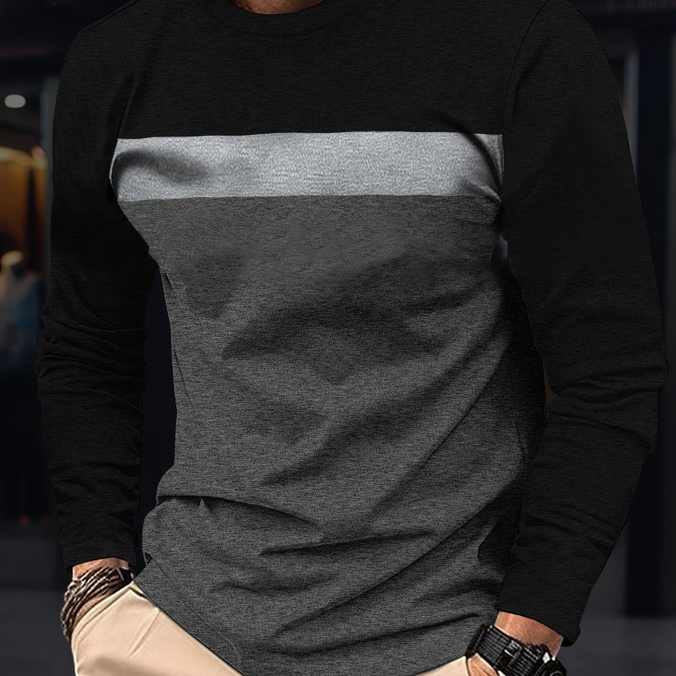 E-shop Lässiges Herren Trend Patchwork Langarm T-Shirt | Rundhalsausschnitt, Reguläre Passform, Leicht dehnbarer Stoff