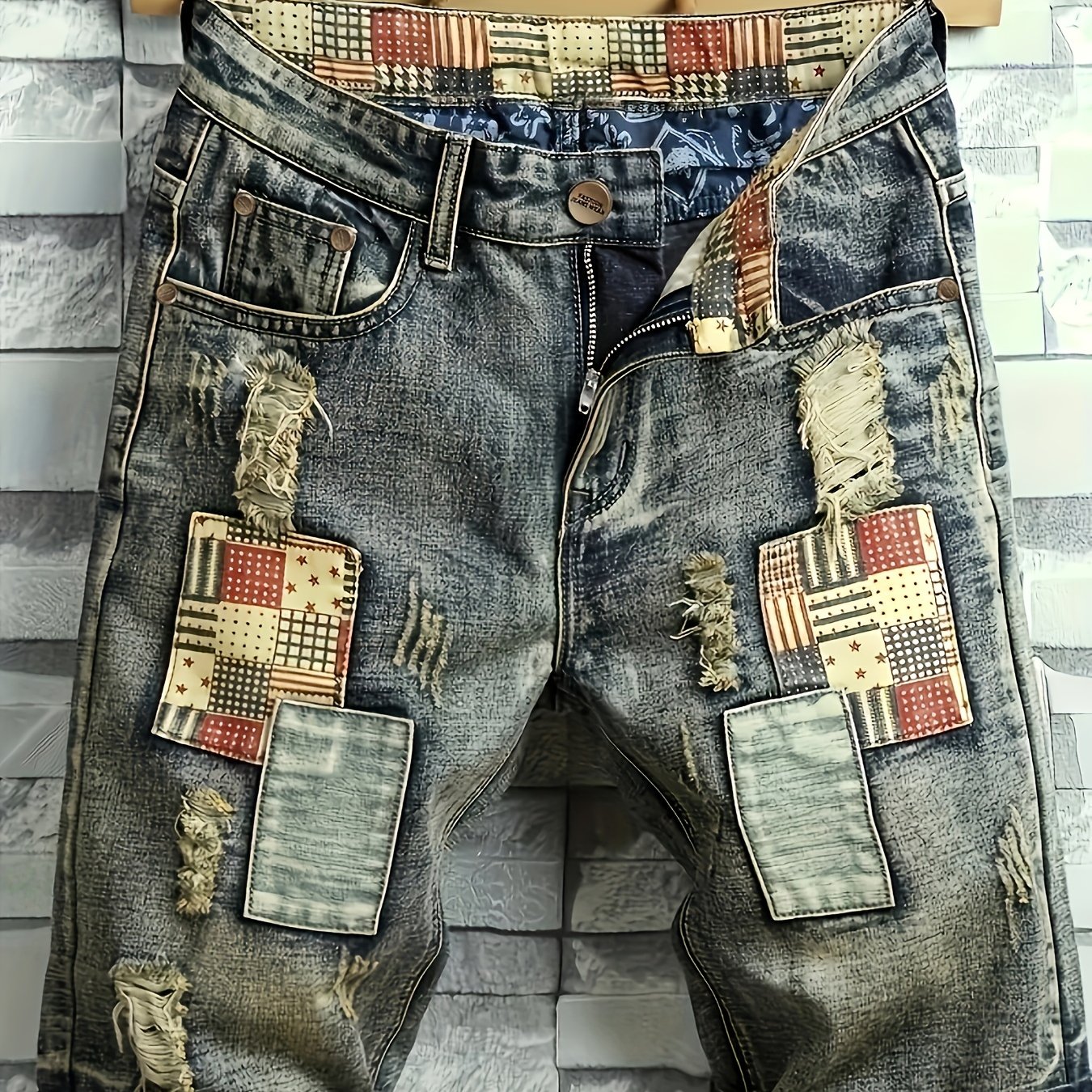 Image of Vintage Style Ripped Denim Shorts, Men's Style Slim Fit Straight Leg Shorts For Summer Jorts