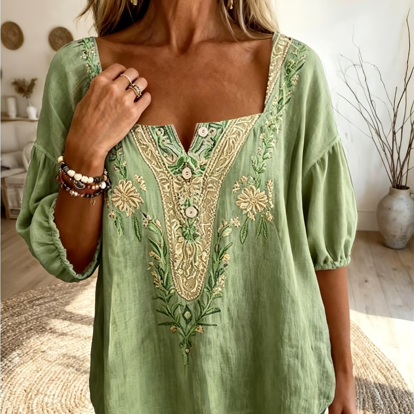 Image of Women's Retro Art Paisley Neck 3-button Blouse, 3/4 Sleeve Elastic Puff Sleeve Top, Mother's Day Gift For Mom, Church/wedding Guest/party Dress, 2026 Graduation Season, Women's Summer Tops And Shirts