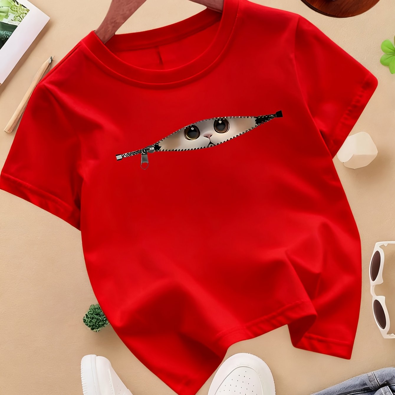 Image of 1 95% Cotton Casual Girls' Round Neck Short Sleeve Halloween Christmas Fashion Versatile Cute Kitten Fun Personality Cartoon Print Children's Pullover Top