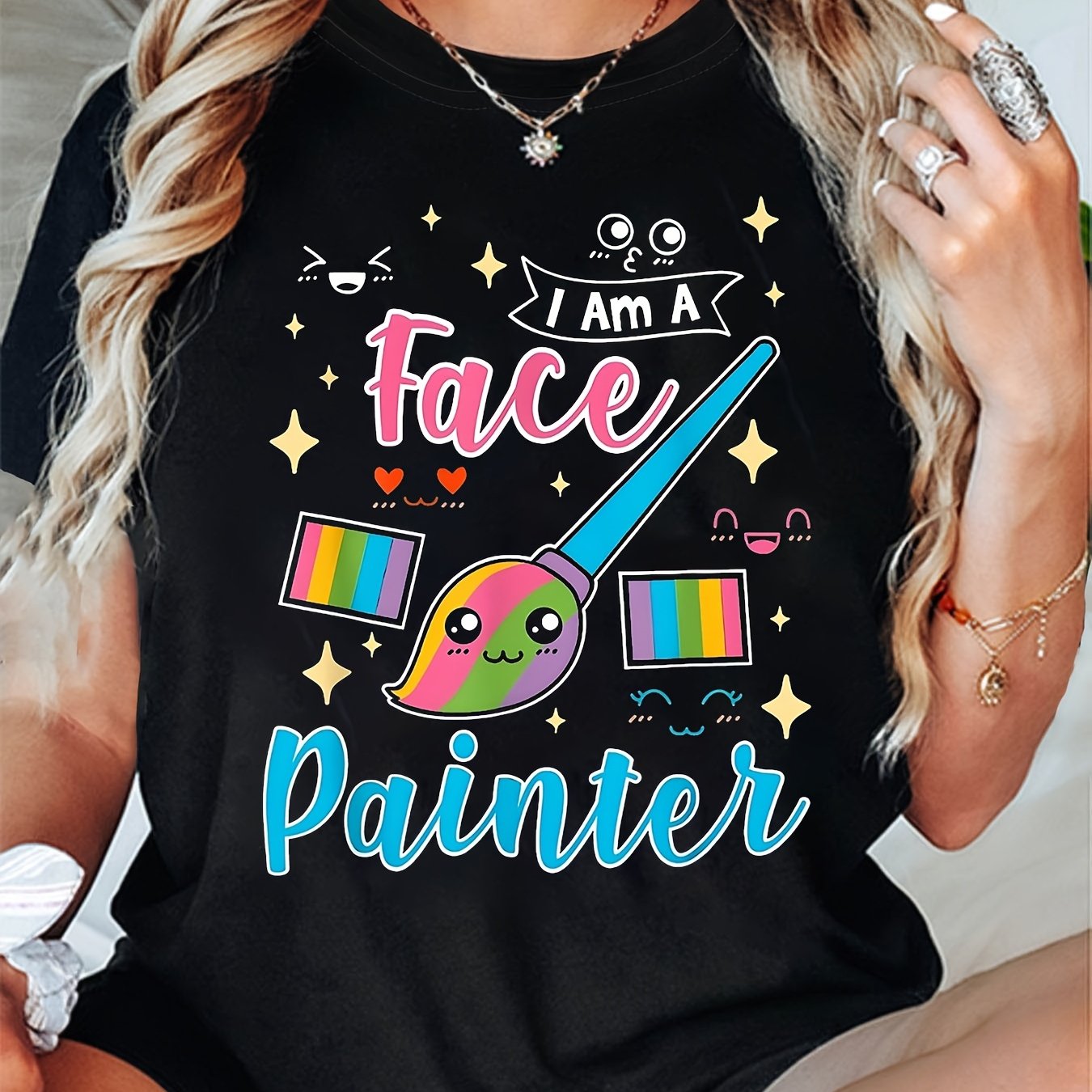 TEMU Women's T-shirt, "i Am A Face Painter" With Colorful Paintbrush And Star Elements Letter Print, Black Short-sleeve Round-neck Printed T-shirt -