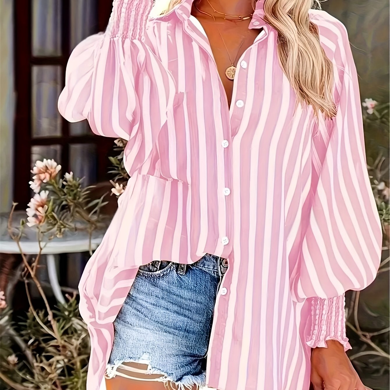 TEMU Women's Fashion Striped Loose Lantern Sleeve Shirt