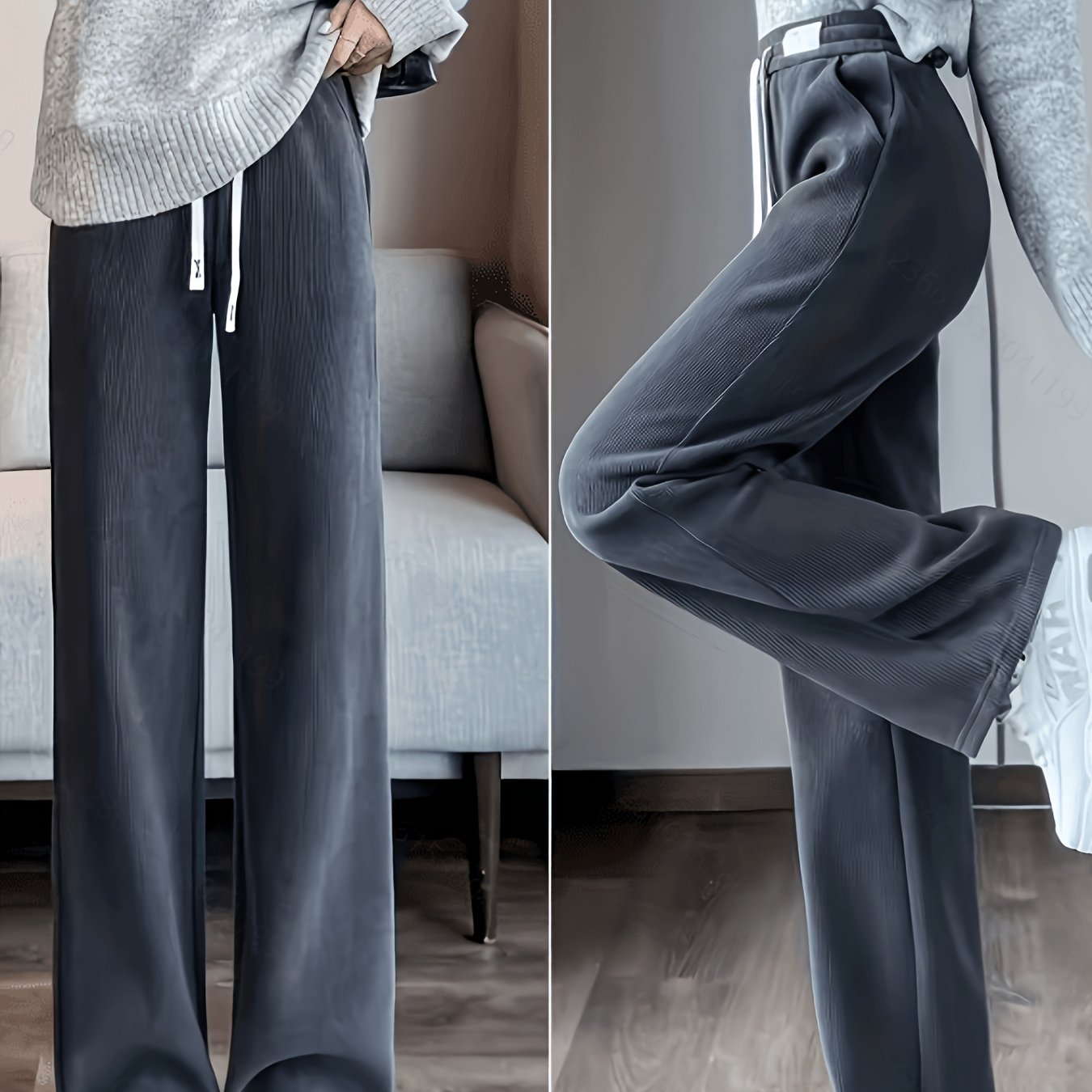 TEMU 1pc, Pantalon Chenille à Jambes Larges Femme Automne Hiver Nouveau Drapeur Décontracté Droit, Poches Latérales, Cordon de Serrage Taille Haute