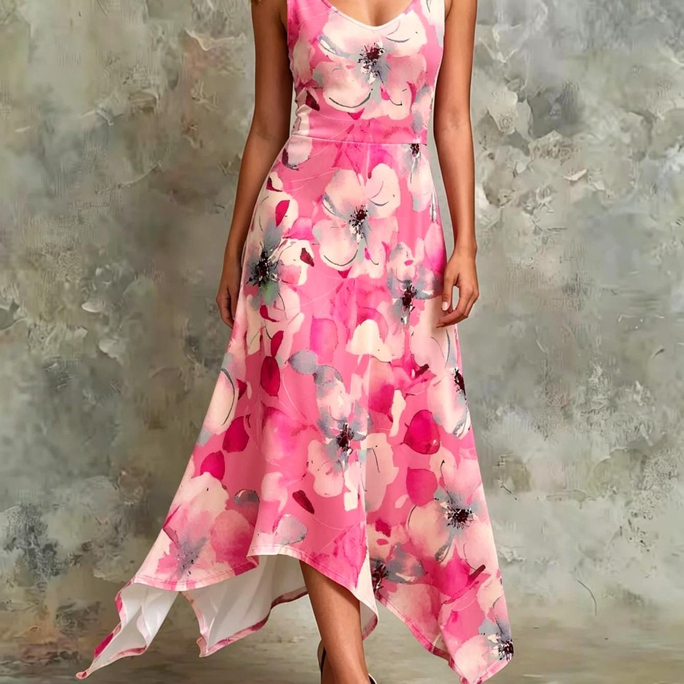Elegant Women's Dress With Pink Floral Prints, Sleeveless, Elegant Summer Style, Wear, Flat Print Pattern, Fashionable And Trendy Dress