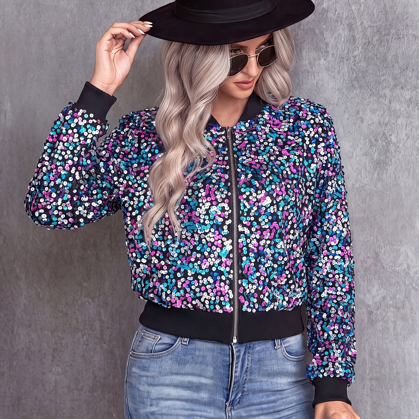 Image of Stylish//pearl Sequin Jacket For Women - V-neck, Long Sleeve, Suitable For Halloween And Stage Performances