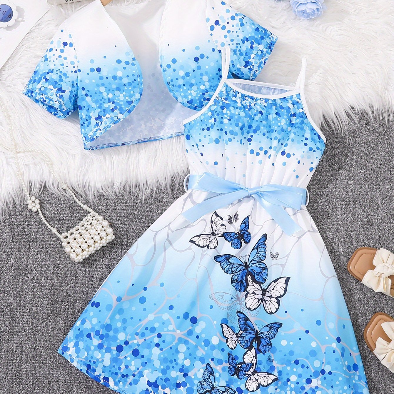 Girls' Summer Casual Dress Set With Fashionable Printed Short-sleeve Shawl Jacket, With Printed Camisole Dress And Belt, Girls' Outdoor Two-piece Set