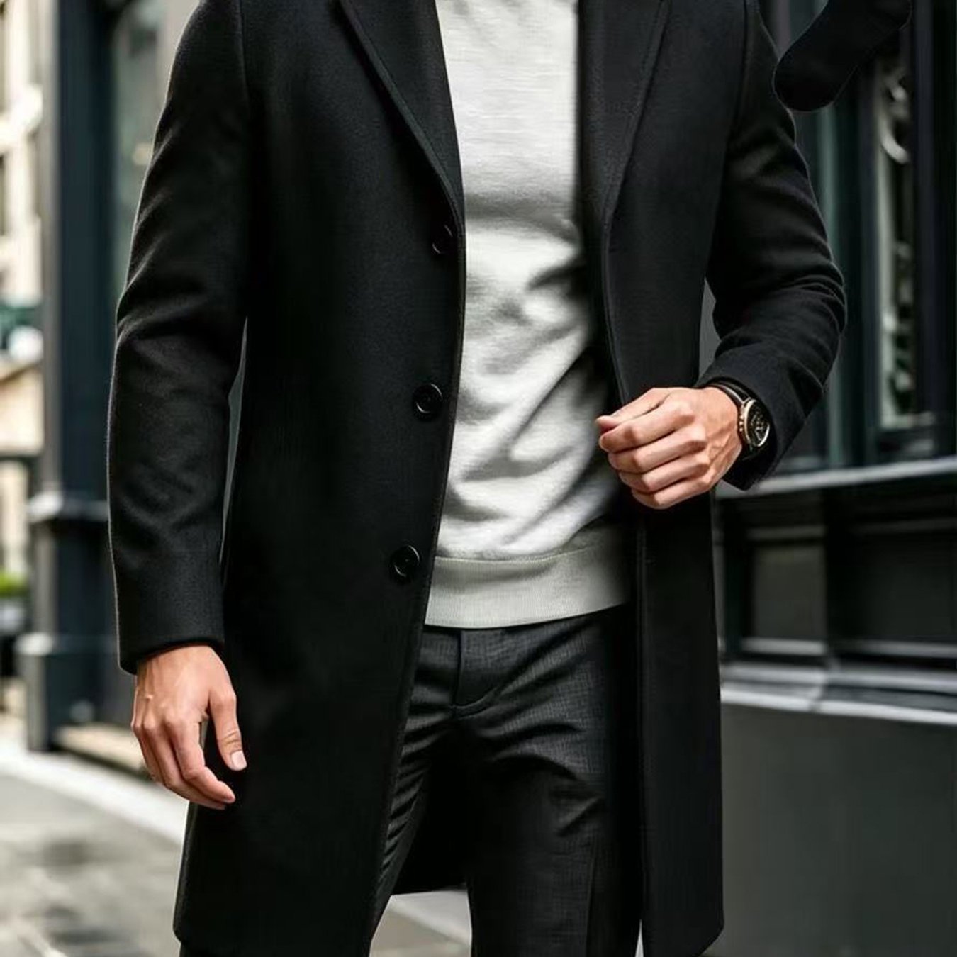 TEMU Autumn/ Men' Casual Fashion Versatile Solid Color Single-breasted Mid-length Trench, Includes Random Color Socks