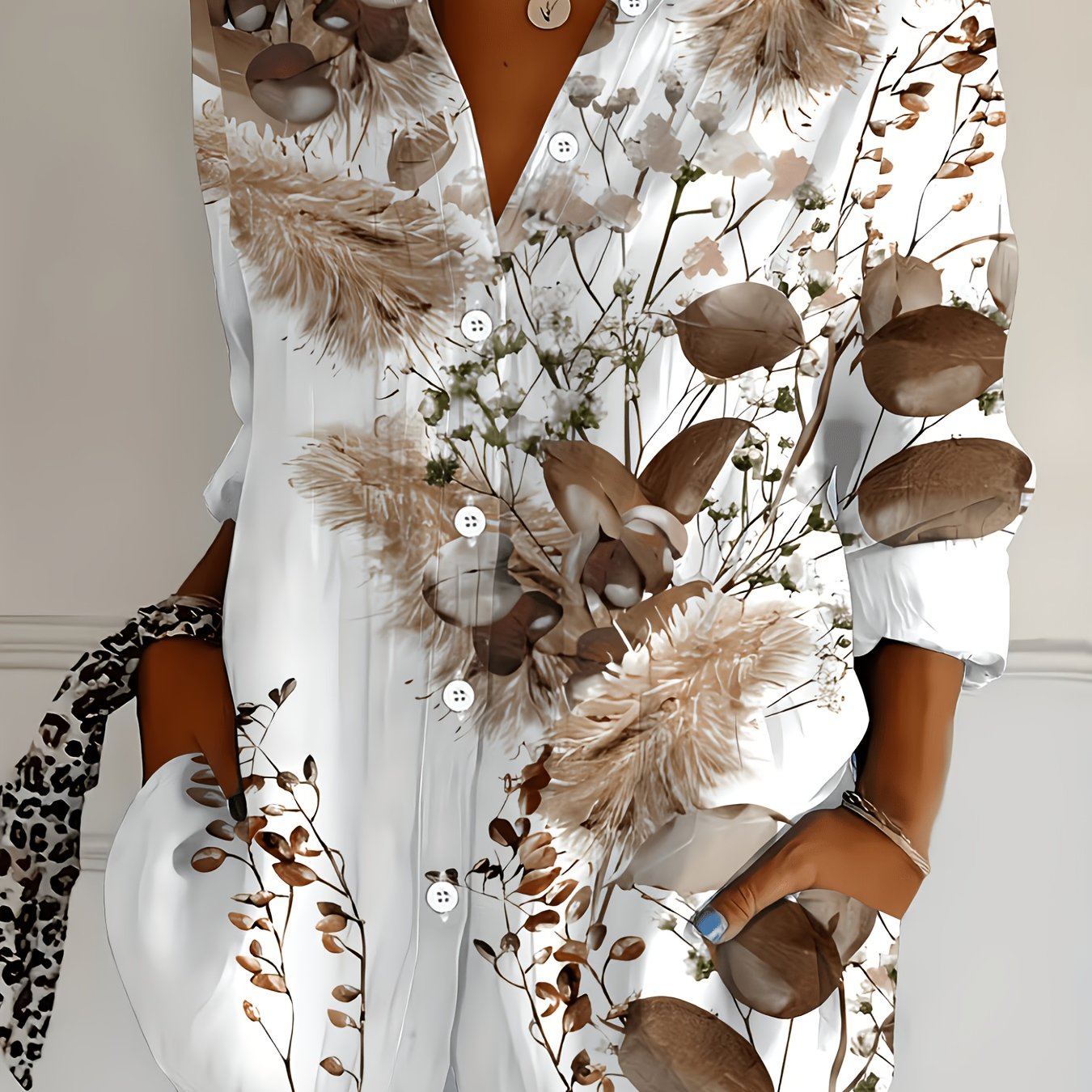 TEMU [printed Design â Not Textured] Women's Floral And Botanical Shirt - Long Sleeve Button-up Top, Four-season Design, Machine Washable, Elegant