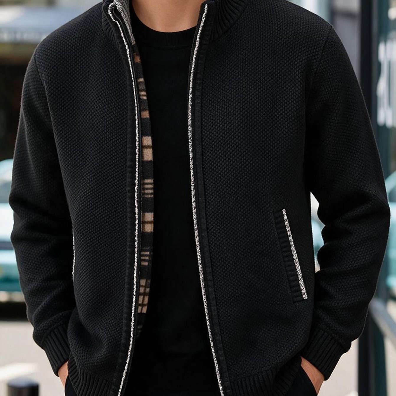 TEMU 1pc 's Knit Cardigan, Soft Jacket With Semi-high Neck, Zipper Closure, Ribbed Cuff, Elasticity, Suitable For Business, Commuting, Daily Wear,