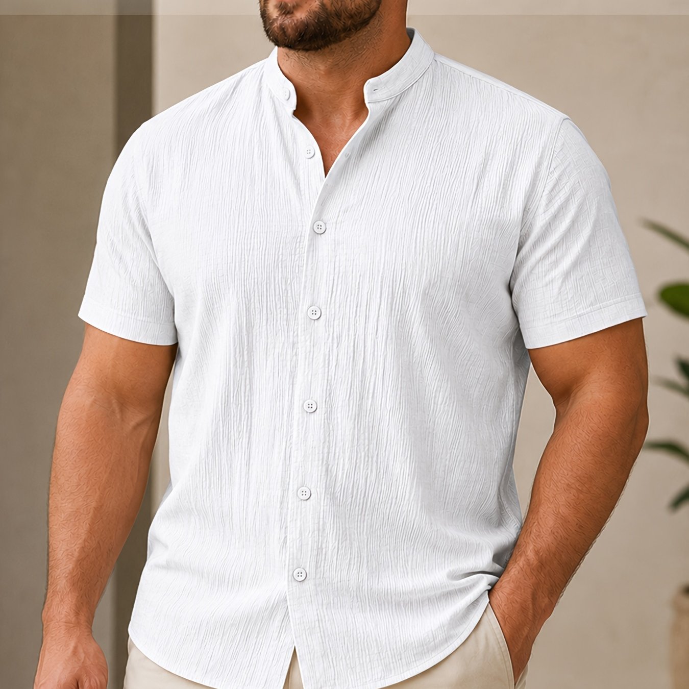 TEMU [ Ying Obm] Men's Plus Size Summer Short Sleeve Shirt, Lightweight Breathable Solid Color Stand Collar Button-up Top, Loose Casual Comfortable