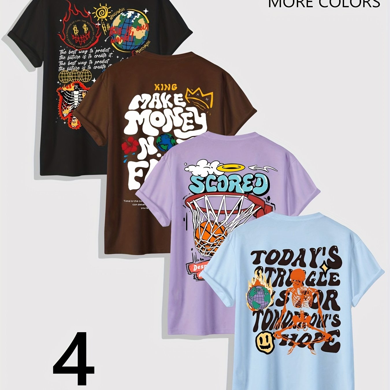 TEMU Men's Round Neck Pullover Printed T-shirt 4pcs Set, Plus Size