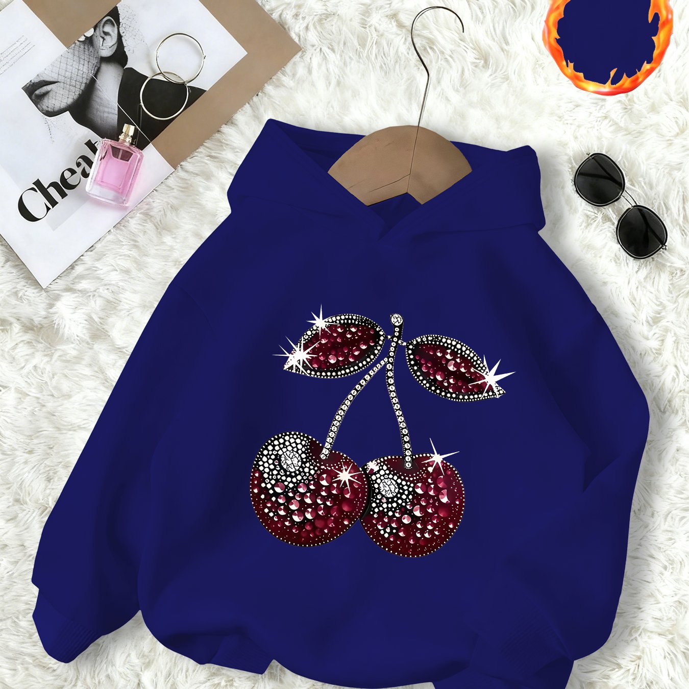 TEMU Rhinestone Cherry Print Hoodie, A Stylish Sweatshirt For Autumn And Winter Commutes. Length Fits All Body Types And Is Suitable For Outfits That