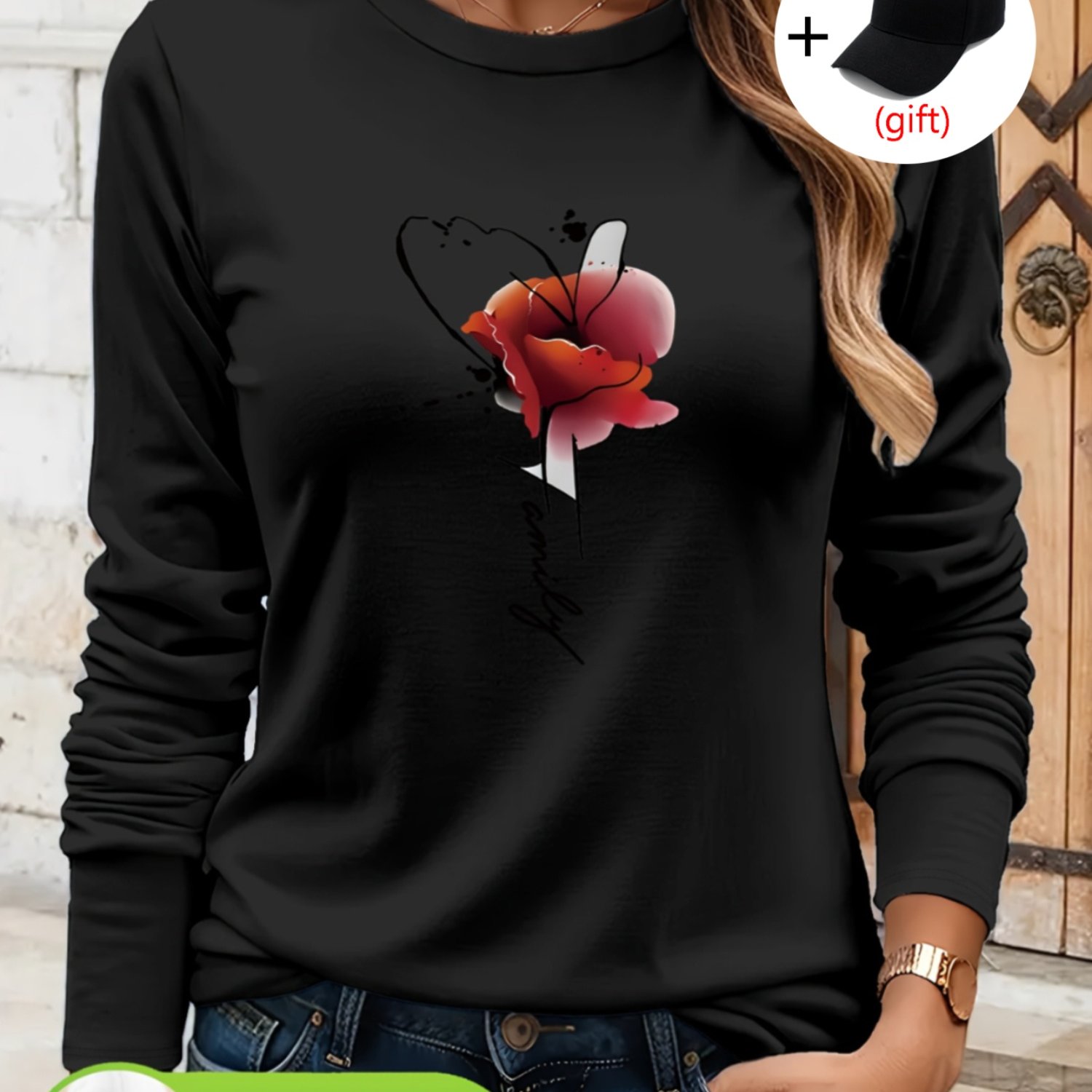 Artistic Patterned Print, Round Neck Women's Long Sleeve | , , Crew Neck, Stretch, Loose Fit, Perfect For Spring/fall
